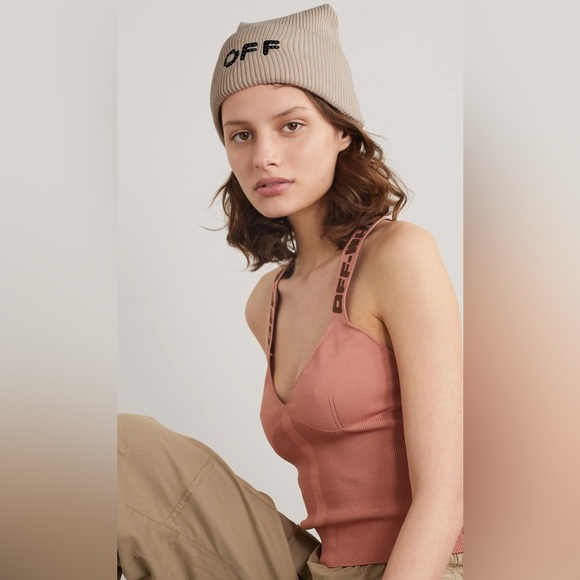 NEW OFF WHITE Ribbed Beanie Hat Sand Black Logo Cotton Cashmere Blend w/ Tags main image 4